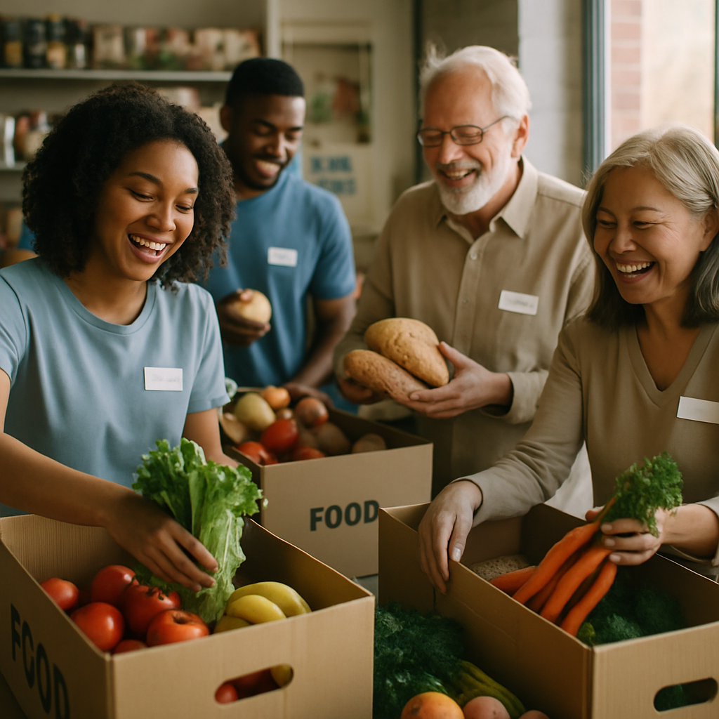 Volunteers sorting food donations at a local food bank