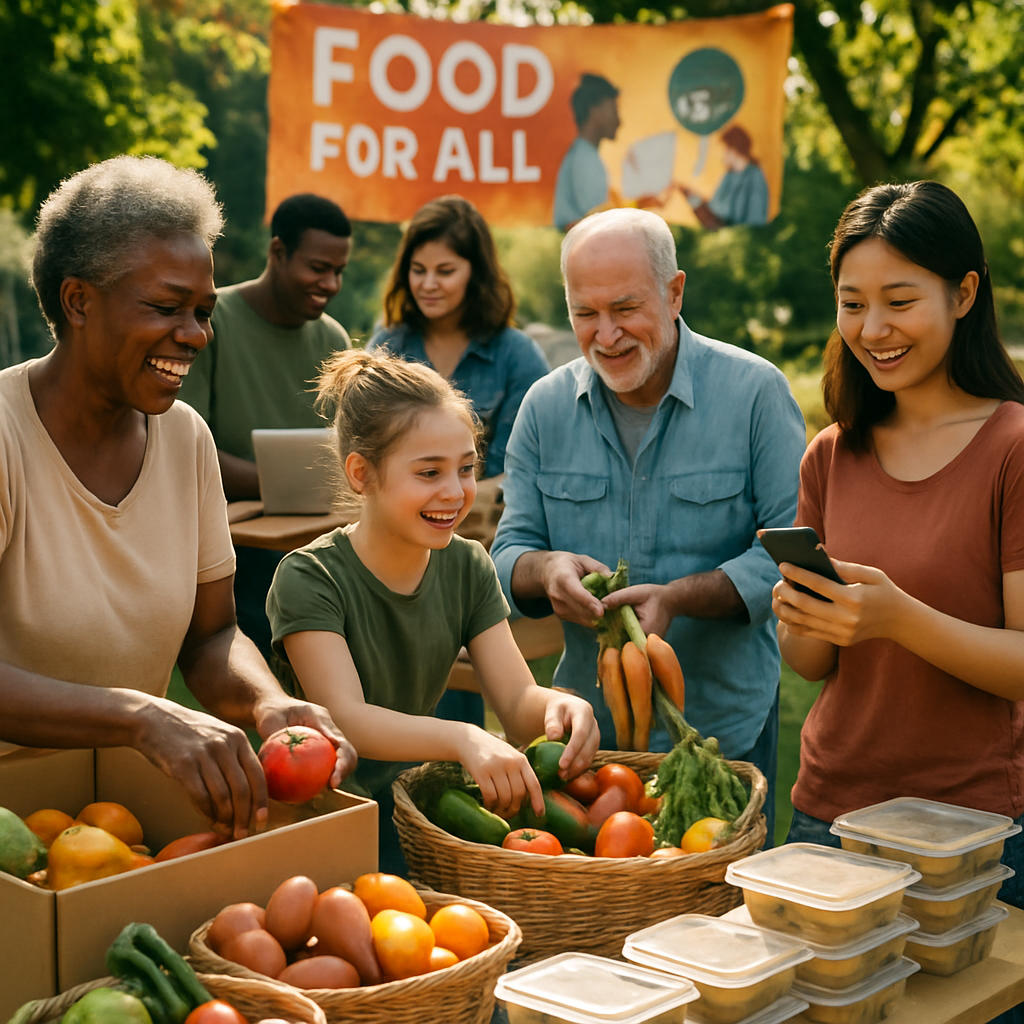 Community members collaborating to organize food donations